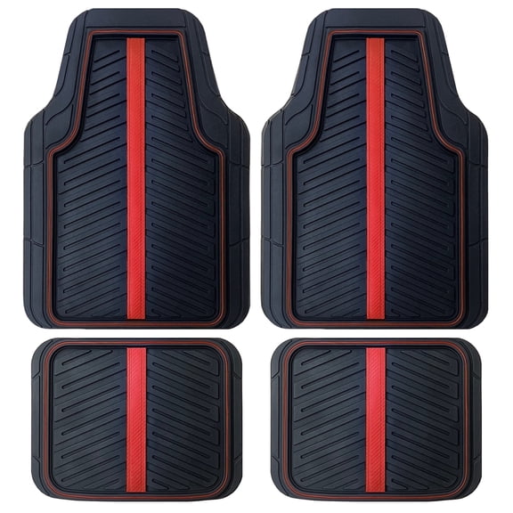 Rally 4-Piece Black with Red Carbon Fiber Stripe & Piping All-Weather Rubber Floor Mat Set – Heavy Duty Universal Trim-to-Fit Car, SUV & Truck Mats