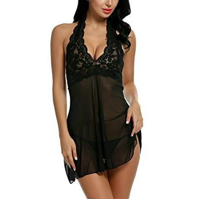 ZECATL Women Lace Sleepwear Set Dress Halter Lingerie Mesh