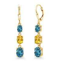 Gem Stone King 18K Yellow Gold Plated Silver London Blue Topaz 3 Stone Dangle Earrings for Women (5.70 Cttw, Gemstone November Birthstone, Oval 8X6MM, 7X5MM and 6X4MM)