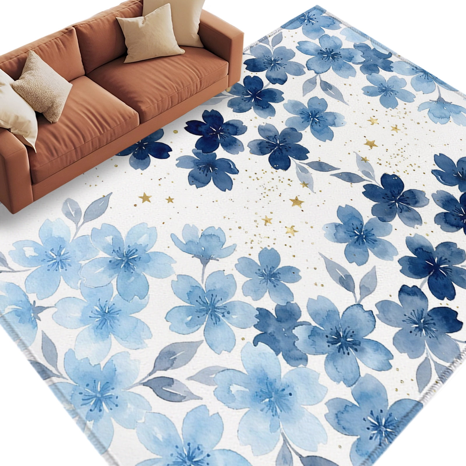 Blue Cherry Blossom Washable Living Room Rugs 5 x7 Watercolor Floral Botanical Low Pile Throw Large Area Rugs Non-Slip Sturdy Edge Binding Carpet for Dining Room Bedside Kitchen