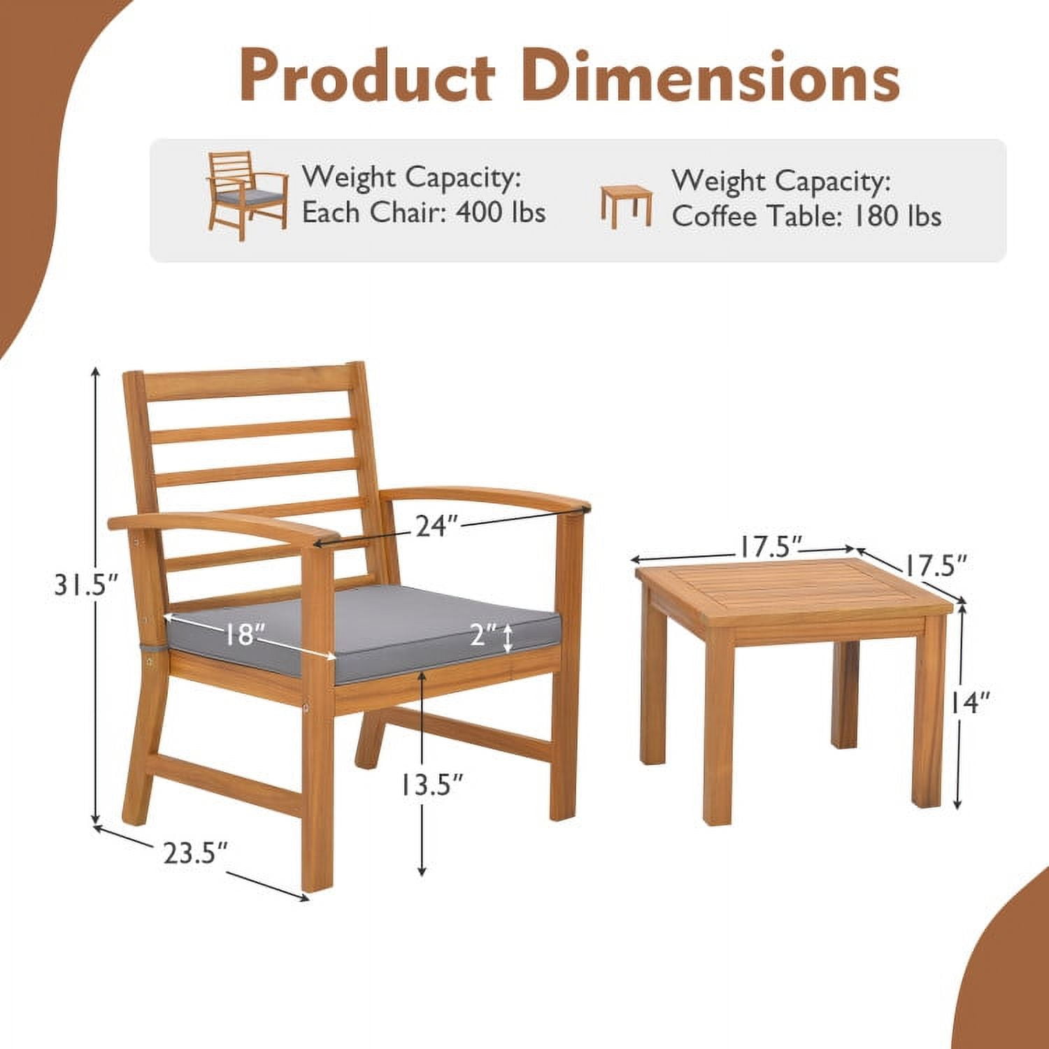 Aimee Lii 3 Pieces Outdoor Furniture Set with Stable Acacia Wood Frame, Patio Furniture Sets, Gray