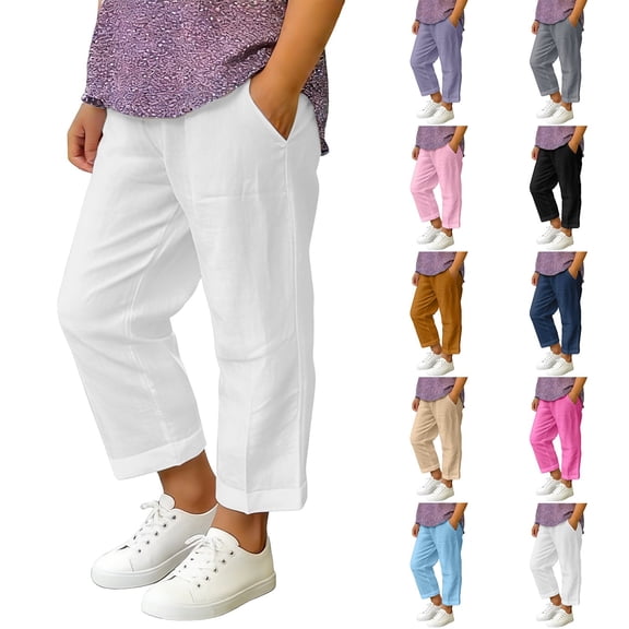 SGFCWSX Boys Girls Casual Linen Pants Elastic Waist Cropped Straight Leg with Pockets Lightweight Summer Wear for Kids White Size 10