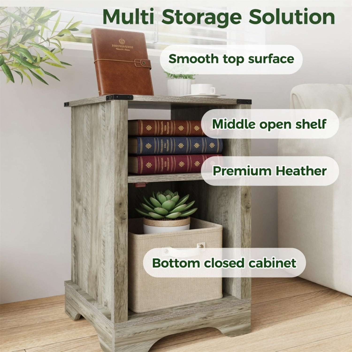 Hommoo 16"W Farmhouse Nightstand Sofa Side Table with Charging Station & Shelf Storage, Light Gray