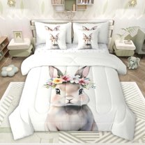 jejeloiu B Cute Rabbit Print 7 Pieces Bedding Comforter Set,Colorful Floral Blossom Full Bedding Set For Animal Lover Reversible