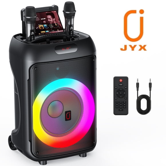 JYX Large Karaoke Machine, Portable Karaoke Speaker with Wheels, 2 Wireless Microphones, RGB Party Lights, PA System for Party, T36-T