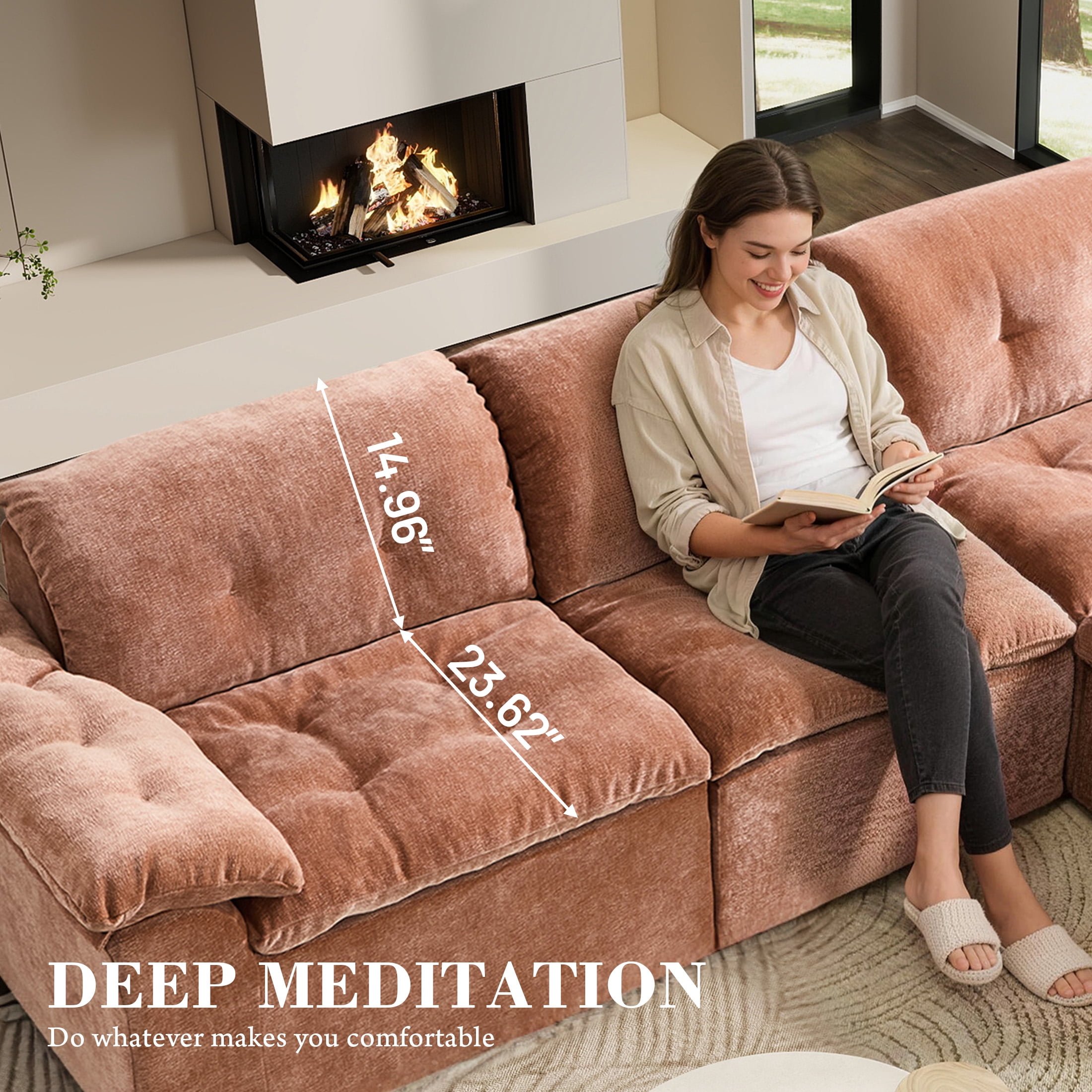Aukfa 4-Piece L-Shaped Modular Sectional Sofa with Ottoman for Living Room, Ice Flower Chenille, Terracotta