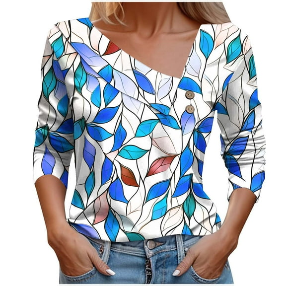 V Neck Tops for Women Dressy Tunic T-Shirts Juniors Pleated Button 3/4 Length Sleeve Blouse Teen Girls Casual Cute Floral Print Pullover Tee