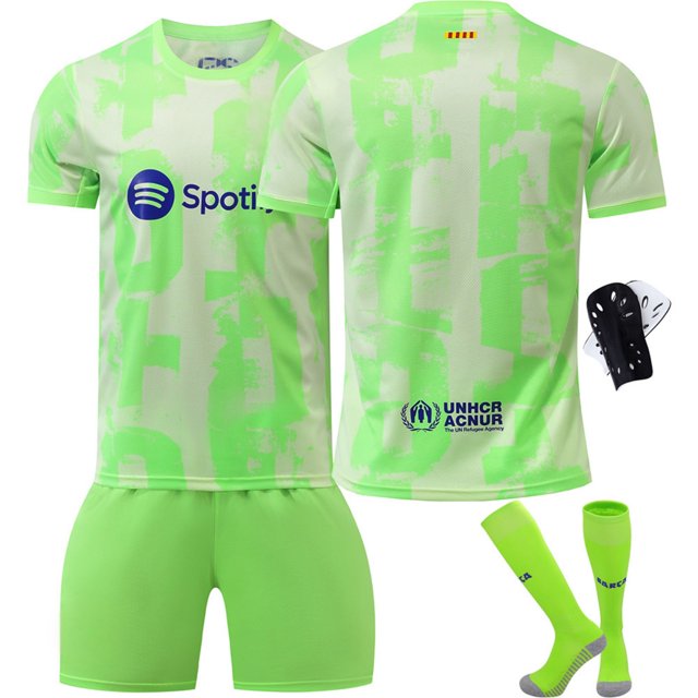 GZSL 2425 Barcelona Second Out Kit d'Entraînement de Football, Numéro Aucun Maillots de Soccer & Tops, Maillot de Football Adulte à Manches Courtes Vert - Édition Champions League avec Petit Logo Ensemble de Quatre Pièces/l