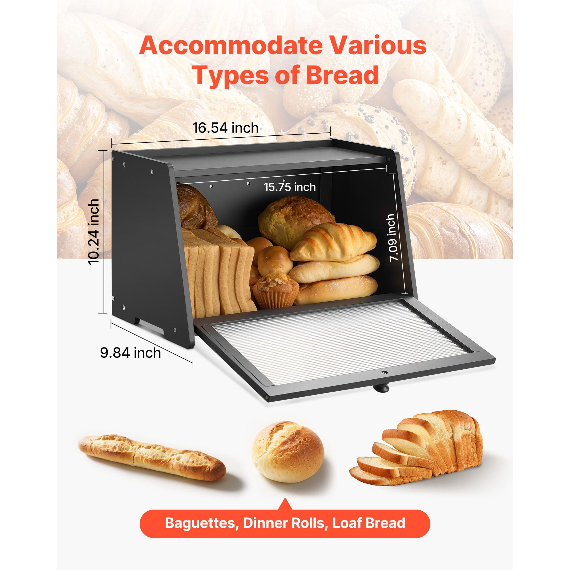 Farmhouse Bread Box with Acrylic Door, Bamboo Construction, Ventilation Holes, Single-Layer Large Capacity, Non-Slip Base for Kitchen Counter