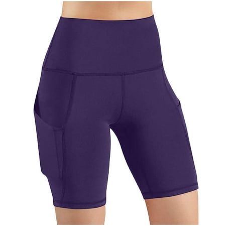 Olyvenn Hot days  bold styles. Women High Waist Yoga Shorts with Pockets Tummy Control Workout Running Athletic Biker Shorts Purple 14