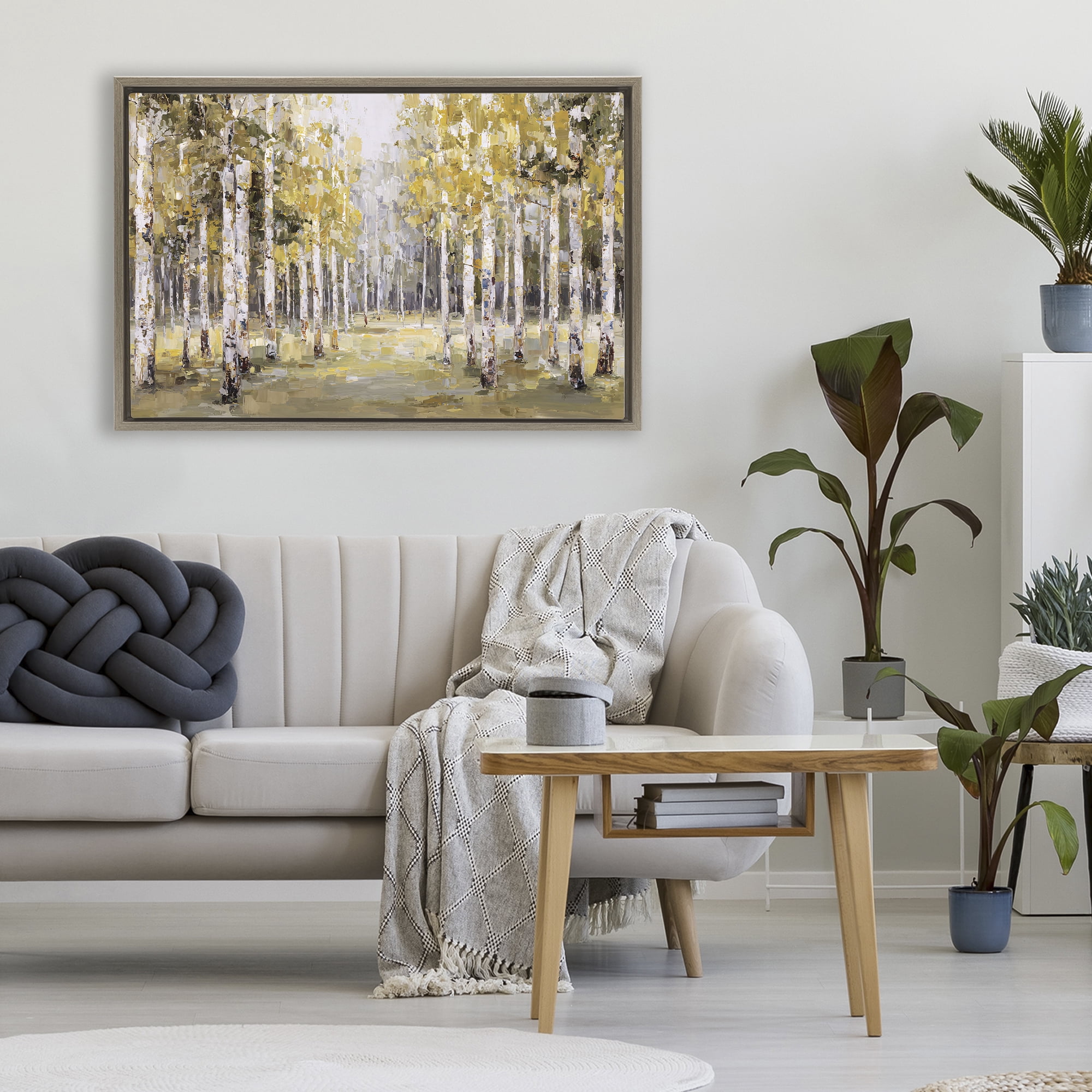 Stupell Industries Impressionist Birch Trees & Fall Leaves Brown Framed Floater Canvas Wall Art, design by Jacky Ngan