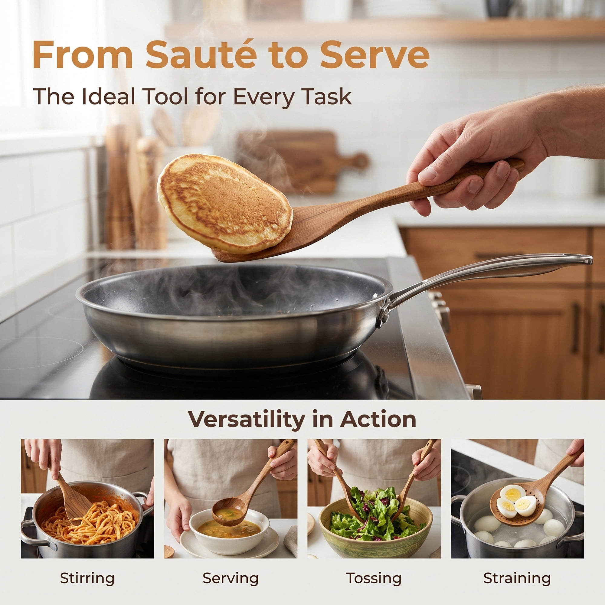 Unique Bargains 7 Pcs Cooking Utensil Set, Wood Kitchen Utensils Light Brown B 7