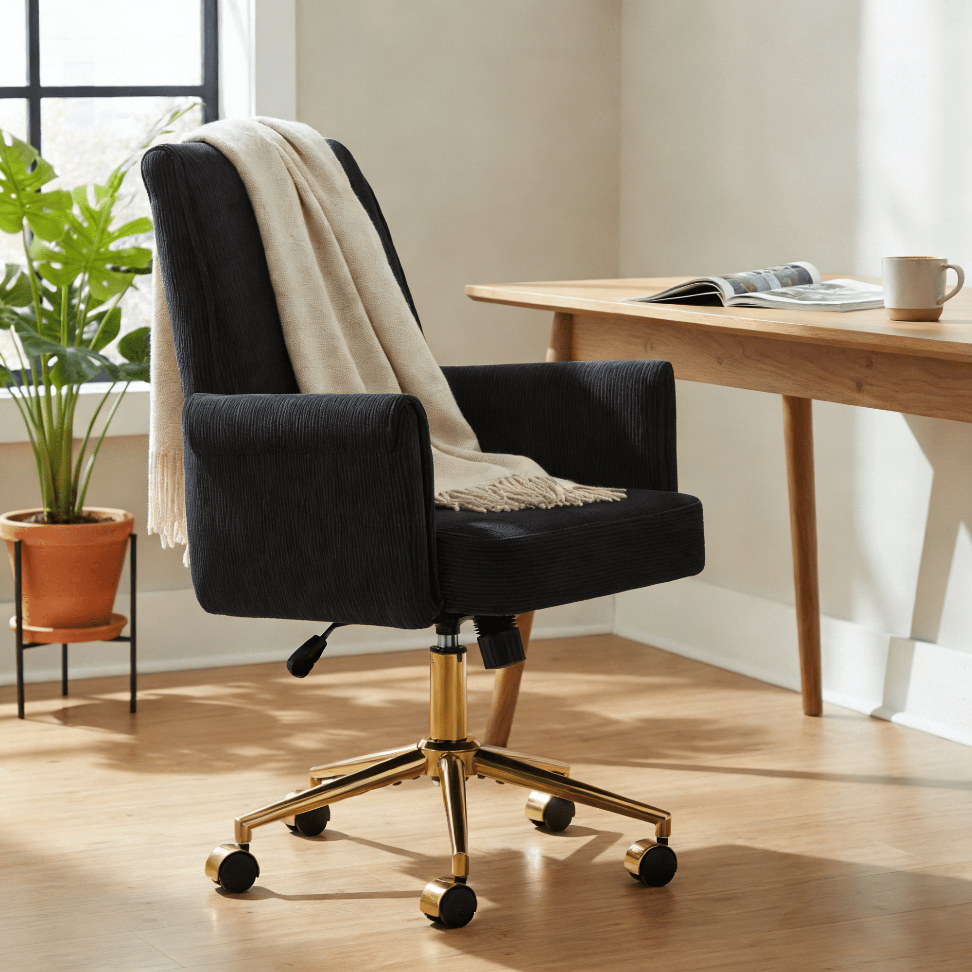 Gewnee 24.8''Office Chair,Memory Foam Seat Cushion with Waist Support,Adjustable Height,Golden Metal Base.Black