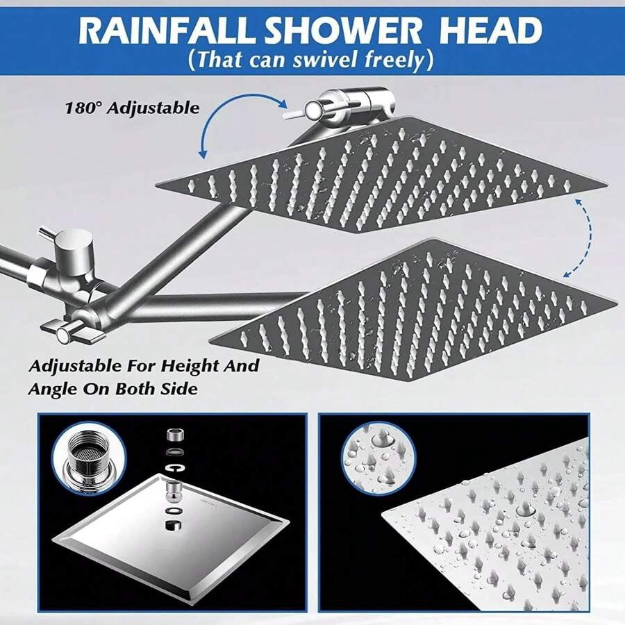 Shower Head Combo,8/10/12" Rain Square Shower Head  With 9 Inch Adjustable Extension Arm And 3 Settings Handheld Spray,150cm Long Hose