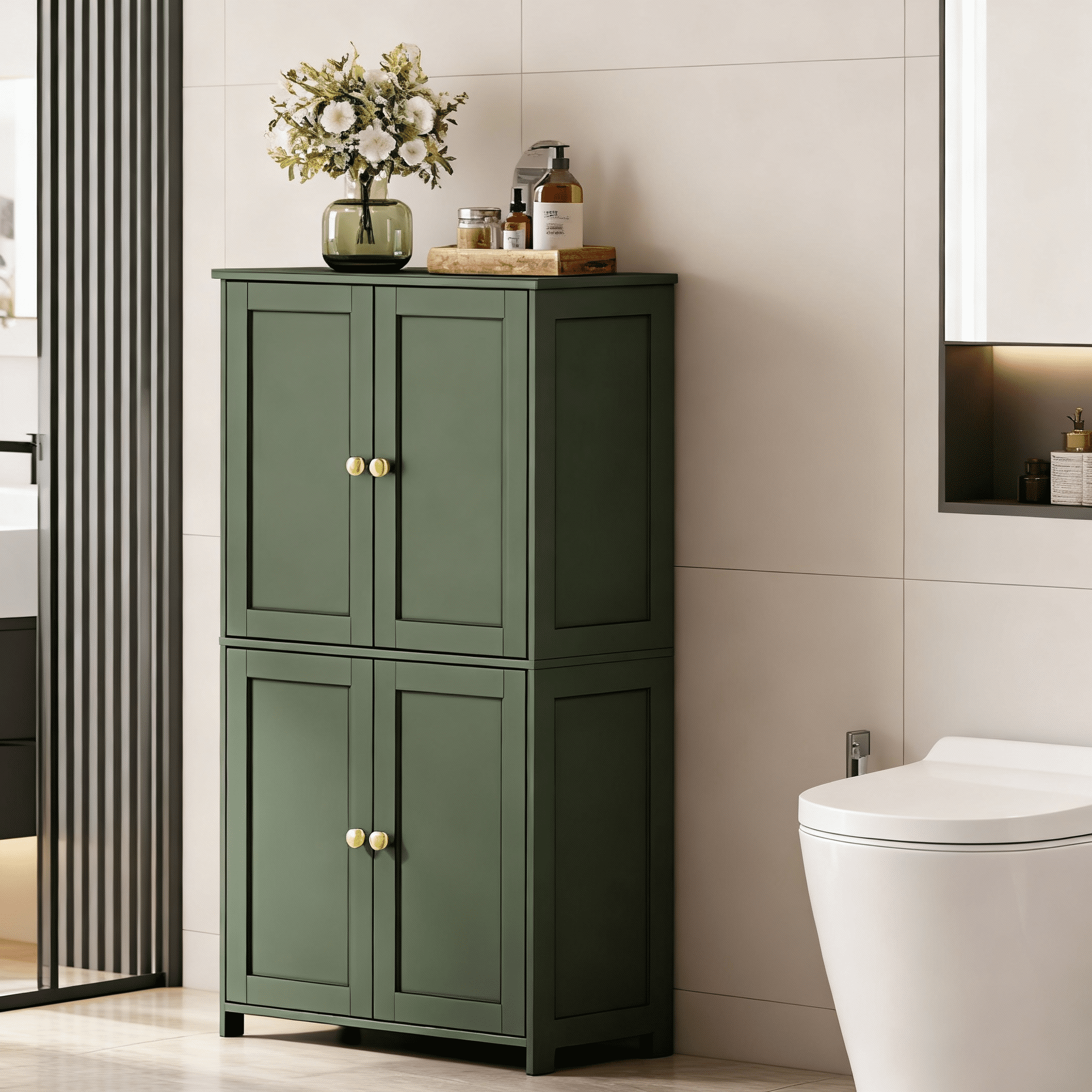 LEDREM Bathroom Storage Floor Cabinet Organizer with Adjustable Shelf 4 Magnetic Doors Freestanding for Living Kitchen Room Small Spaces,Green