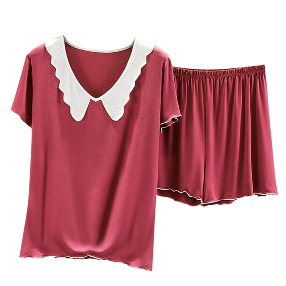 Wdfiry Womens 2 Piece Pajamas Sets Plus Size Thin Comfortable Sets Modal V Neck Short Sleeve Tops and Shorts Sleepwear Set