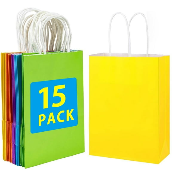 15 Pcs Gift Bags with Handles, 5 Colors Party Favor Bags, Rainbow Gift Bags for Wedding, Birthday, Party Supplies and Gifts