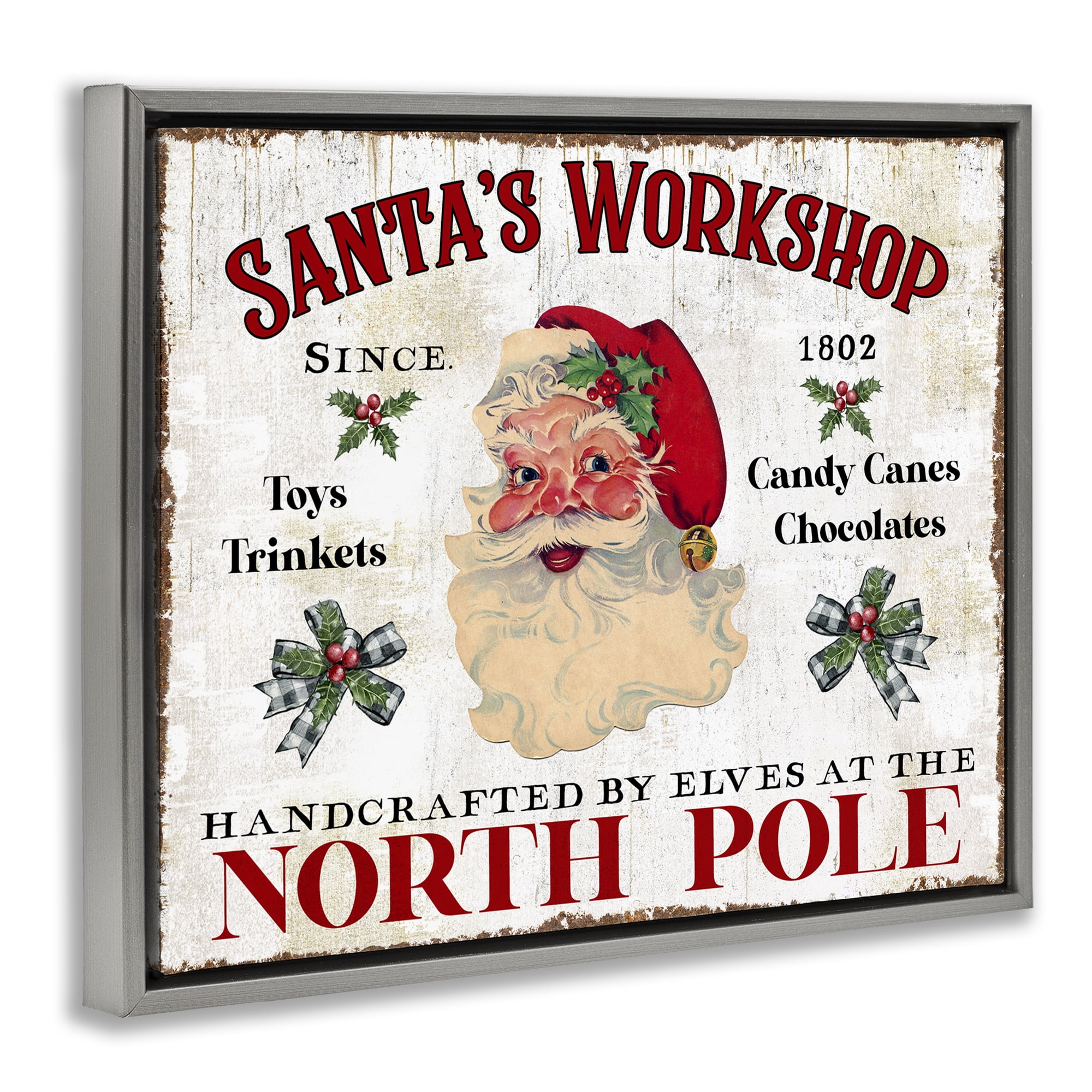Stupell Industries North Pole Santa's Workshop Holiday Painting Gray Floater Framed Canvas Art Prints Wall Art, 21 x 17