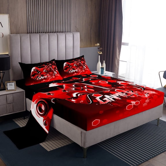 Erosebridal Gamer Gamepads Sheet Set Twin,Video Game Bedding Sets Twin Size,Gradient Honeycomb Twin Sheet Sets,Super Cozy Geometric Room Decor,3pcs