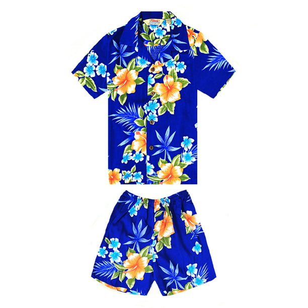Matching Boy and Girl Siblings Hawaiian Luau Outfits in Hibiscus Blue Girl 12  Boy 8 - Walmart.com