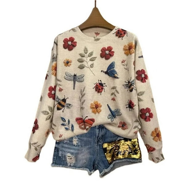 Tops de Larga de Otoño para Mujer, Suéteres de Cuello Redondo con Estampado 3D, Ropa Informal Holgada y Elegante para Vacaciones MYzq04 XS