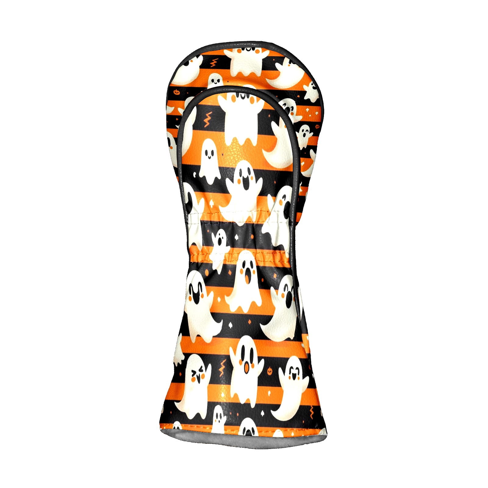 Golf Club Head Covers Orange Stripe Ghost Pumpkin for Driver and Fairway Woods, Premium PU Leather, Waterproof, Velvet Lining, Unisex Golf Gift