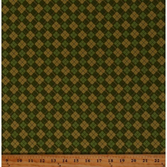 Cotton Green Argyle Plaid Pattern Gold Metallic Shades of the Season 12 Cotton Fabric Print by the Yard (SRKM-20900-7-GREEN)