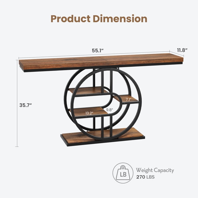 Industrial Console Table 55 Inch – 5 Circle Storage Shelves – Narrow Metal Frame – Accent Dining Table for Entryway, Hallway, Living Room, or Behind Sofa