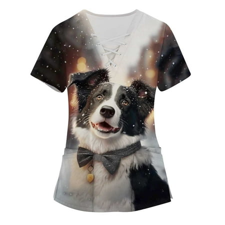 

QWERTYU Women Workwear Pockets 3D Animal Print Scrub Tops V Neck Short Sleeve Uniform Plus Size Scrubs Top White 4XL