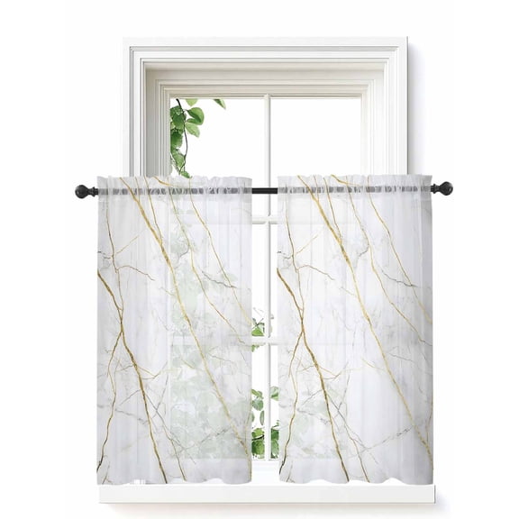 White Gold Marble Curtains 45 Inch Length,Sheer Curtains for Bedroom Living Room Window Modern Farmhouse Abstract Patterned Rod Pocket Drapes Kitchen Curtains Small Half Window 42"x45" 2 Panels