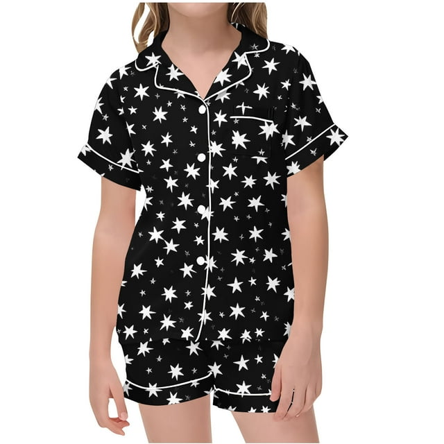 Odeerbi 2-12 Años Niños Niñas Pijama de Verano de Satén Con Solapa de Muesca Camisas de Manga Corta Conjunto de Shorts Suave Estampado de Estrellas Ropa de Dormir