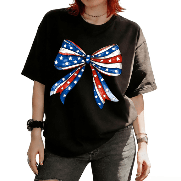 Cozymy Women's Patriotic American Flag Bow Graphic Short Sleeve Crew Neck T-Shirt Suitable Tees Tops