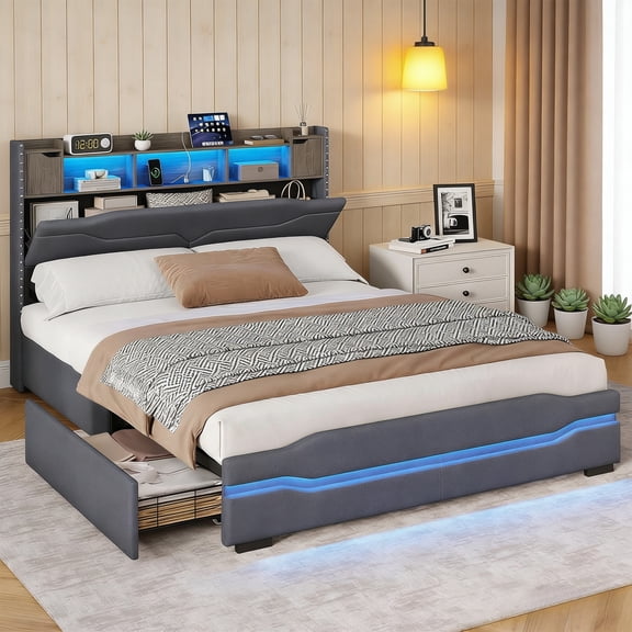 Vabches Full Bed Frame with LED Lights & Charging Station, Upholstered Headboard Bed with 4 Large Storage Drawers & Metal Support Base, No Box Spring Needed
