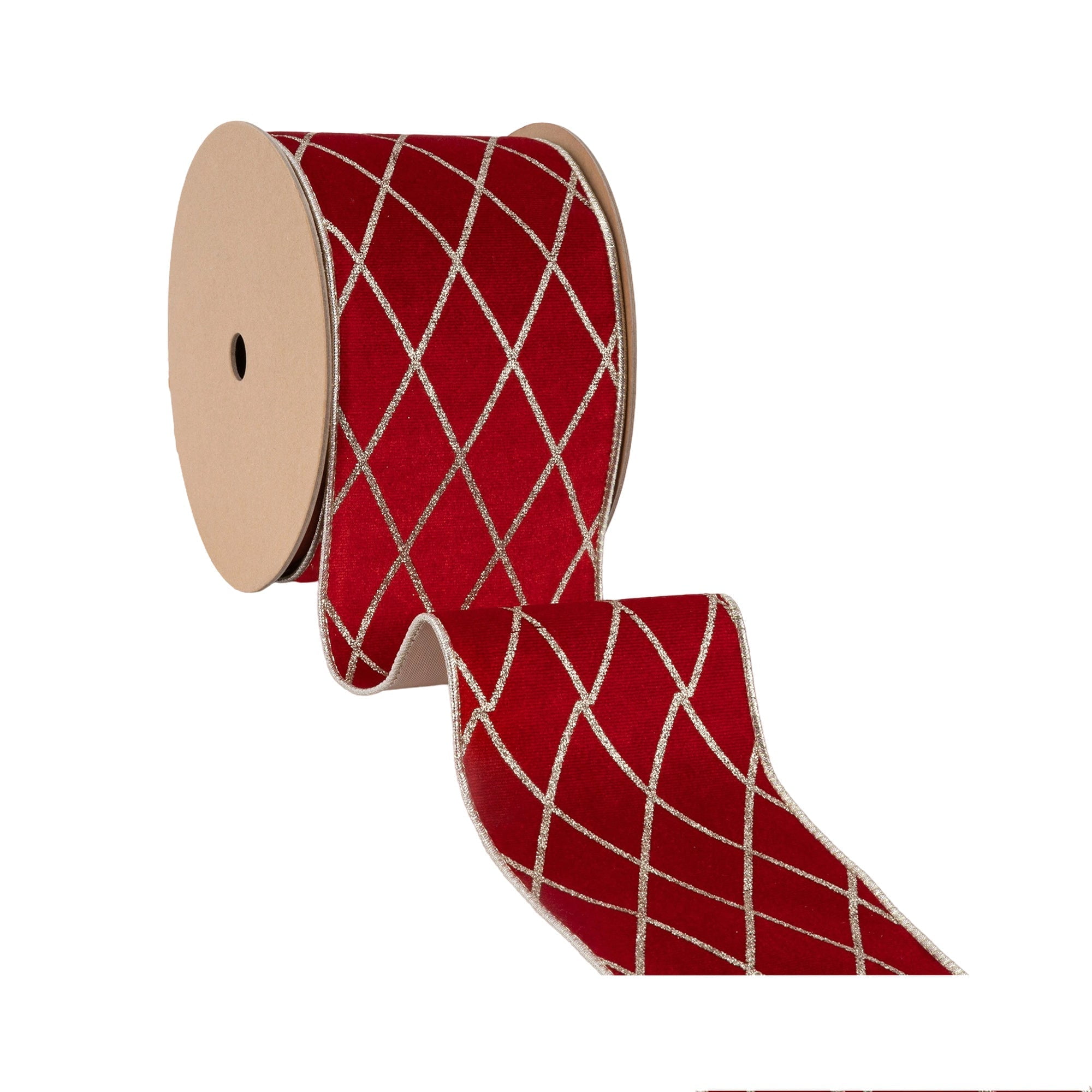 LaRibbons 4" Wired Velvet Ribbon, Red with Glittered Diamond, 10 Yard Roll
