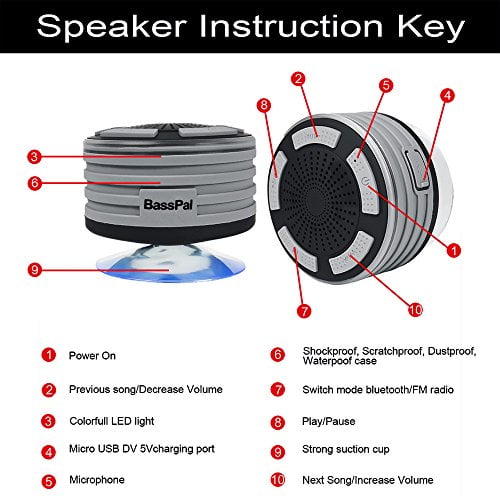 BassPal Shower Speaker Pool Blue IPX7 Waterproof Portable Wireless Bluetooth 4.0 Speakers with Super Bass and HD Sound Kitchen & Home Perfect Speaker for Beach 