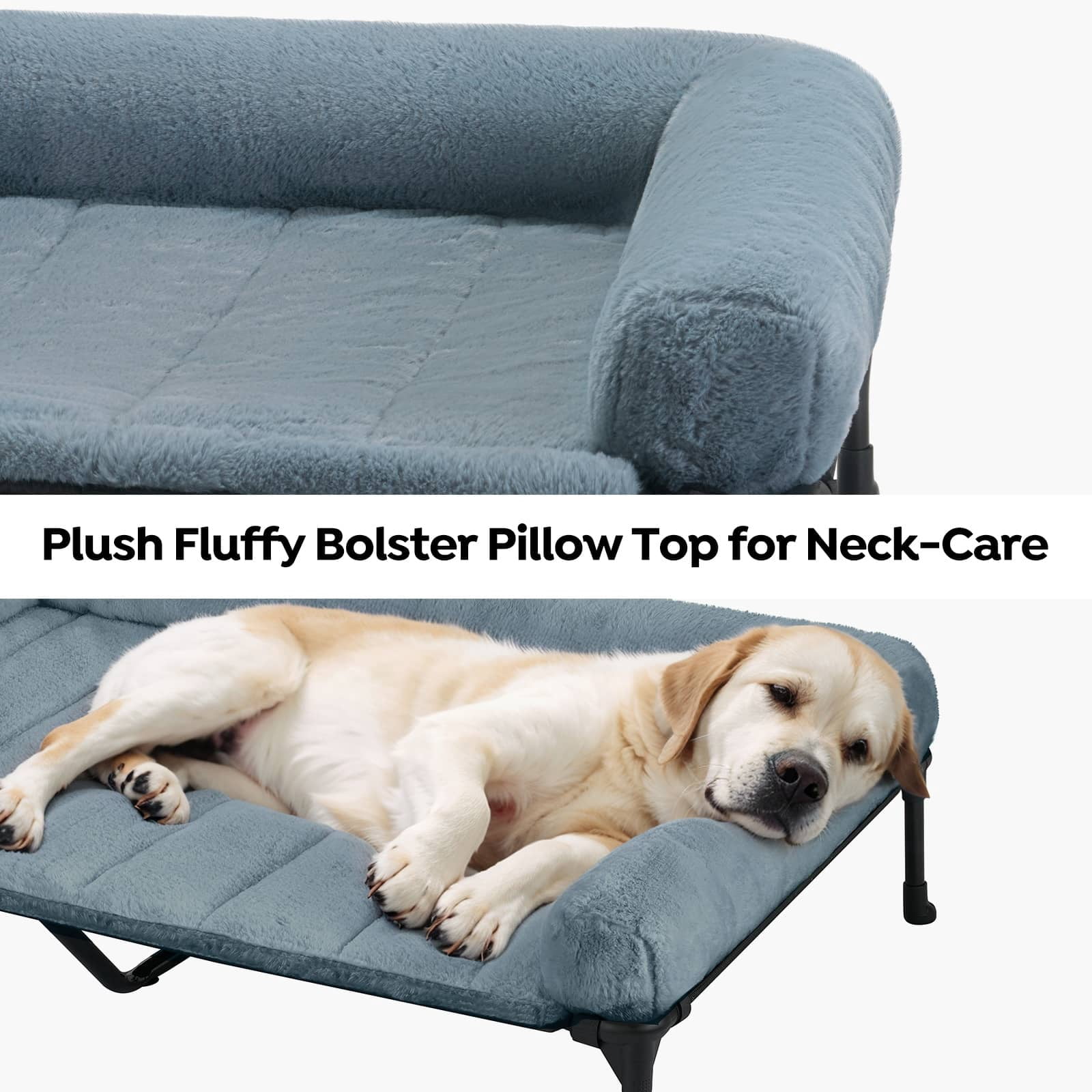 Veehoo Cooling Elevated Dog Bed with Fluffy Plush Bolster Cushion, 32 x 25 inches, Medium, Haze Blue