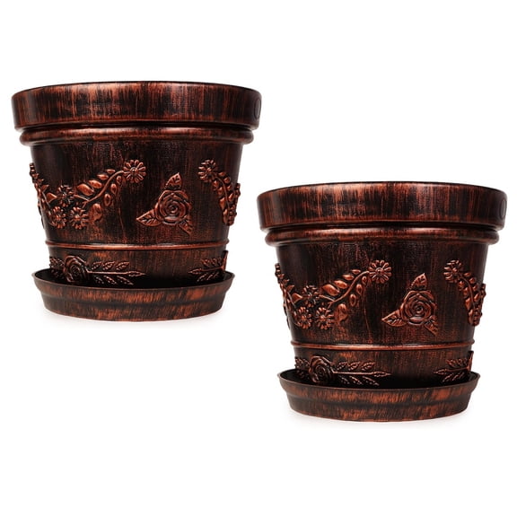 Gardens Need 13inch Plastic Round Flower Pot with Tray Antique Bronze 2-Pack