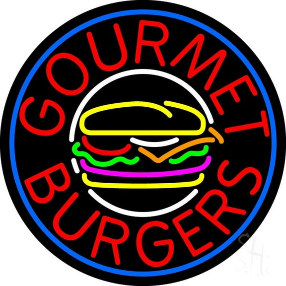 Gourmet Burgers Circle LED Neon Sign 16 x 16 - inches, Clear Edge Cut Acrylic Backing, with Dimmer - Bright and Premium built indoor LED Neon Sign for restaurant window and interior decor.