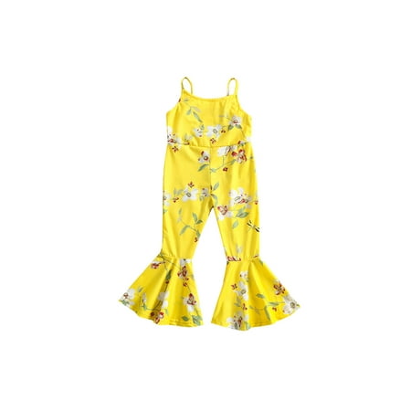 

LSFYSZD Little Girl’s Casual Suspender Jumpsuit Fashion Sun/Flower Printed U-neck Flared Long Romper