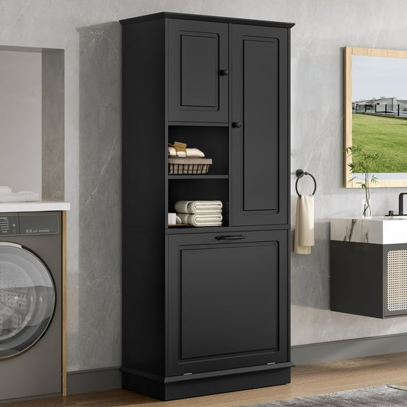 GDF Studio 67.7" Tall Storage Cabinet with Adjustable Shelves, Large Flip-Out Basket & Enclosed Cabinets, Black