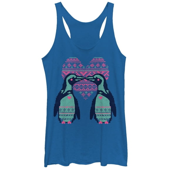 Women's Lost Gods Penguin Kiss  Racerback Tank Top Royal Blue Heather Large