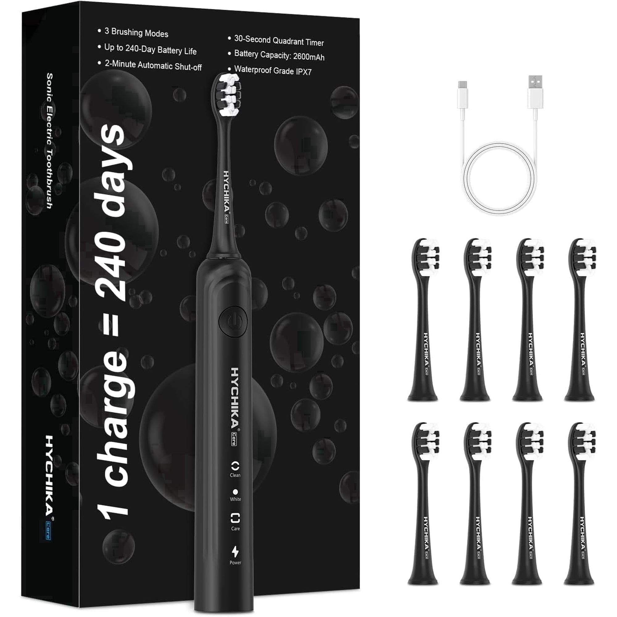 HYCHIKA Electric Toothbrush for Adults with Extra Long Battery life, 8 Brushheads,3 Modes,Smart Timer,Black