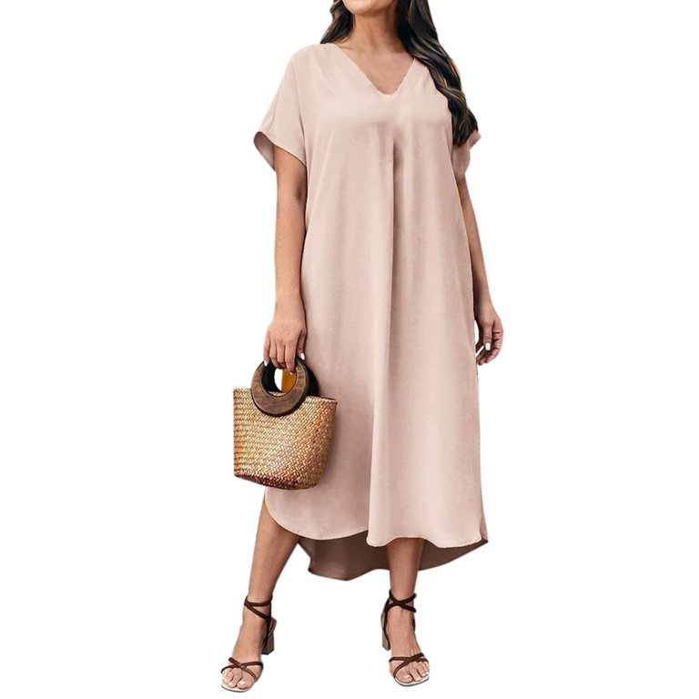 Women's Spring/Summer Casual V Neck Solid Color Loose Fit Plus Size Dress  Womens plus Size Dinner Dresses Skater Dresses for Women plus Sizes Short plus  Size Dress 2x Dress for Women plus