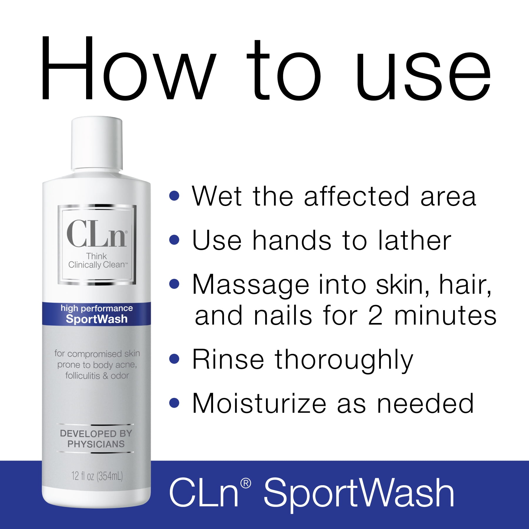 CLn® SportWash, 12 fl oz, Sport Bodywash for Body Odor, Foot Odor & Folliculitis, Fragrance Free Body Wash