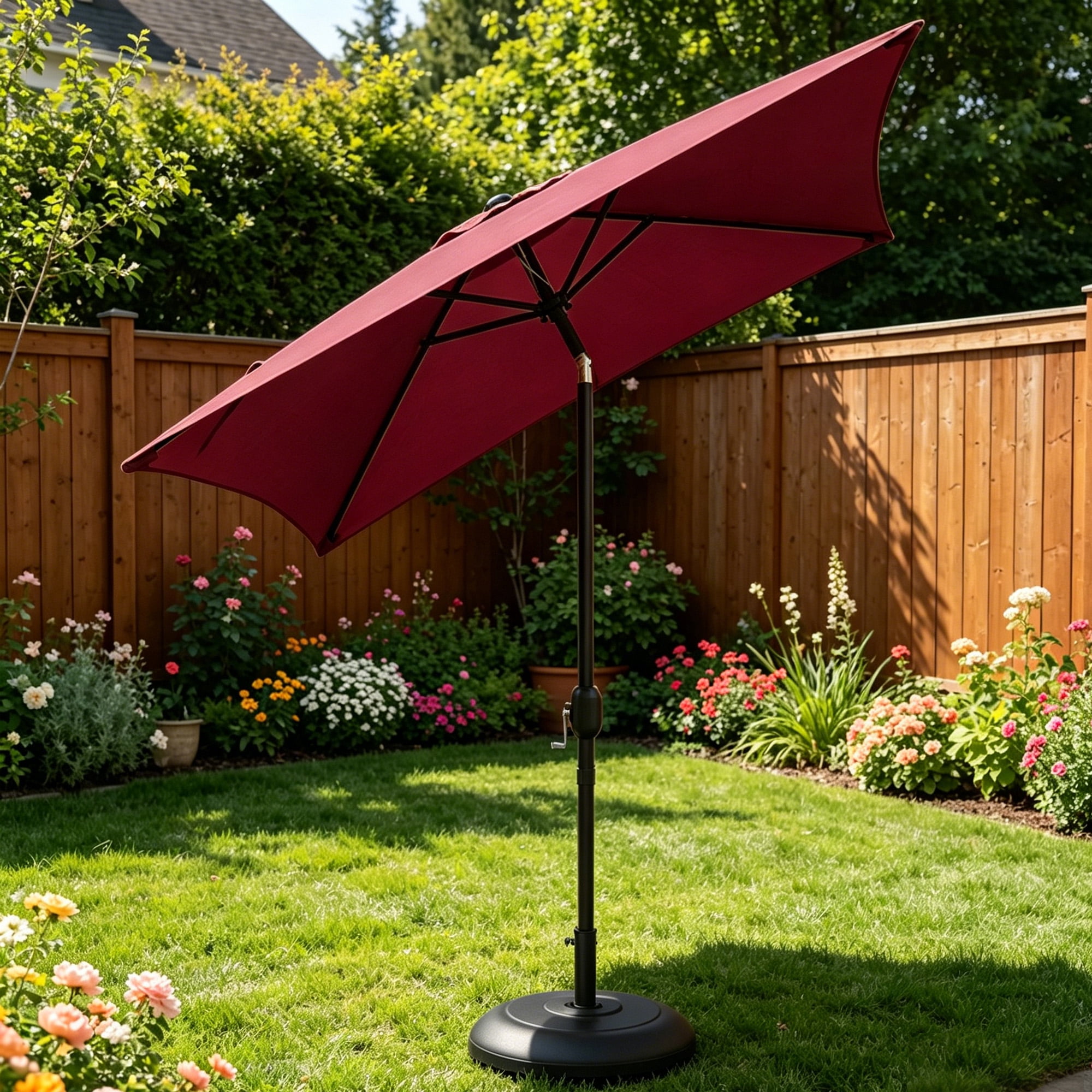 Kool 6.5 ft Square Outdoor Patio Market Umbrella with Push Button Tilt and Crank Handle, Burgundy