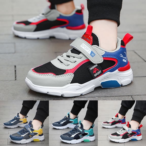 Boys Athletic Shoes Kids Mesh Breathable Sneakers Hook and Loop Strap Cushioned Sole Lightweight Running Shoes