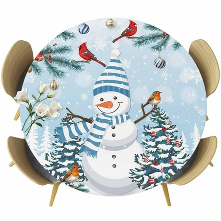 Blue Snowman Christmas Round Tablecloth Fitted Table Cover with Elastic for 55 -60 Round Tables Xmas Tree Snowflake Balls Table Cloth Outdoor Indoor Dinning Party Waterproof Tablecloths