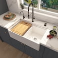 thumbnail image 4 of 33 inch White Fireclay Farmhouse Sink, Double Bowl Workstation Apron Front Farm Kitchen Sink, Reversible Ceramic Porcelain Farmhouse Kitchen Sink with Ledge and Accessories, 4 of 7