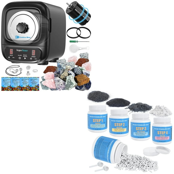 KomeStone K2 Elite Noise-Reduction& Cutting-Edge Brushless Motor Rock Tumbler Kit & Polishing Grits Kit(4 Lbs)