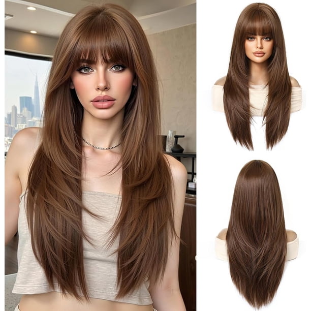 Yanonmyfd Black Wigs for Women Long Wig with Bangs Natural Straight Wigs Synthetic Hair Heat Resistant Wigs for Daily Party Cosplay Wear